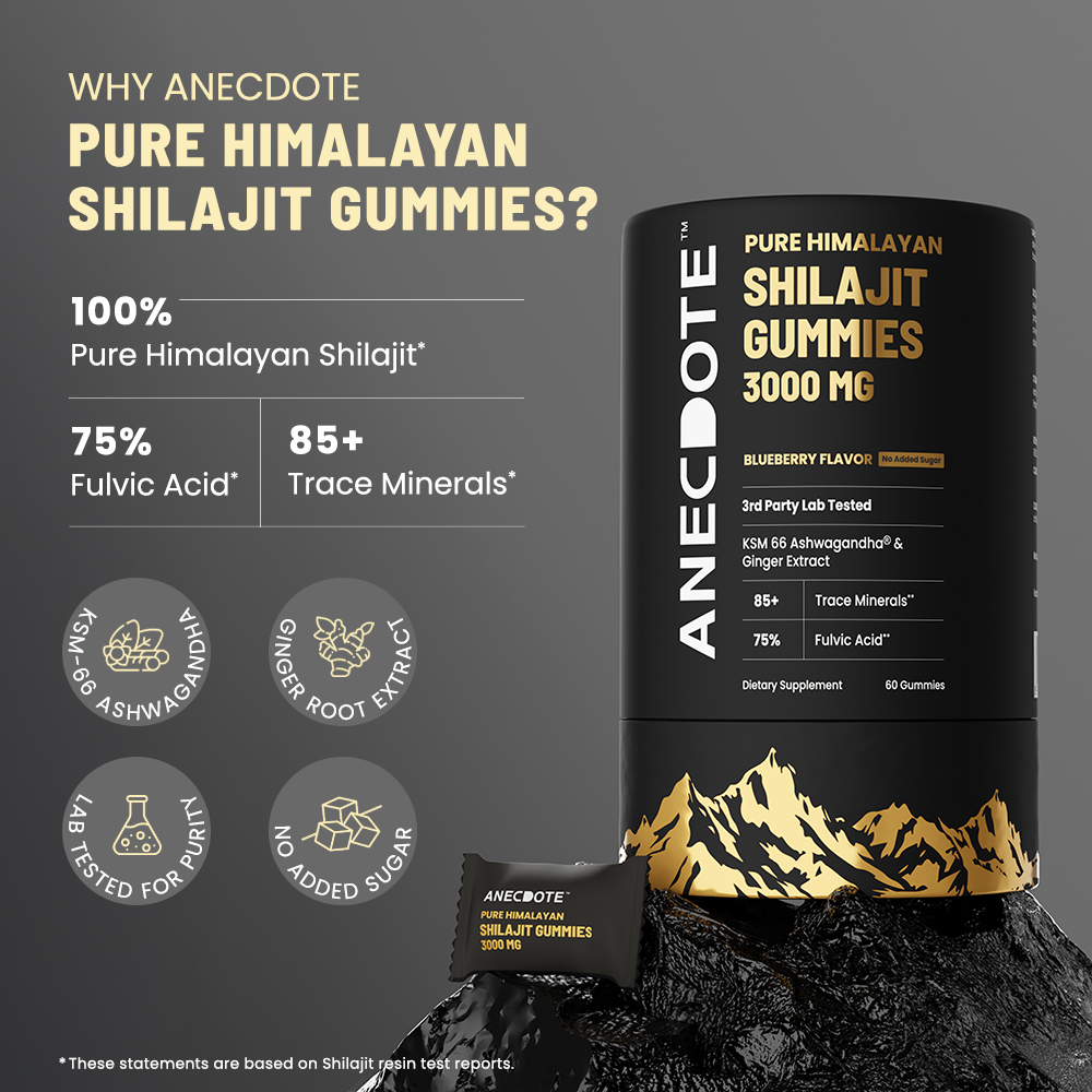 Anecdote Pure Himalayan Shilajit Gummies 3000mg | Boosts Energy & Stamina* | Supports Muscle Strength & Recovery* | Enhances Nutrient Absorption* | 75% Fulvic Acid, 85+ Trace Minerals* | Pack of 60