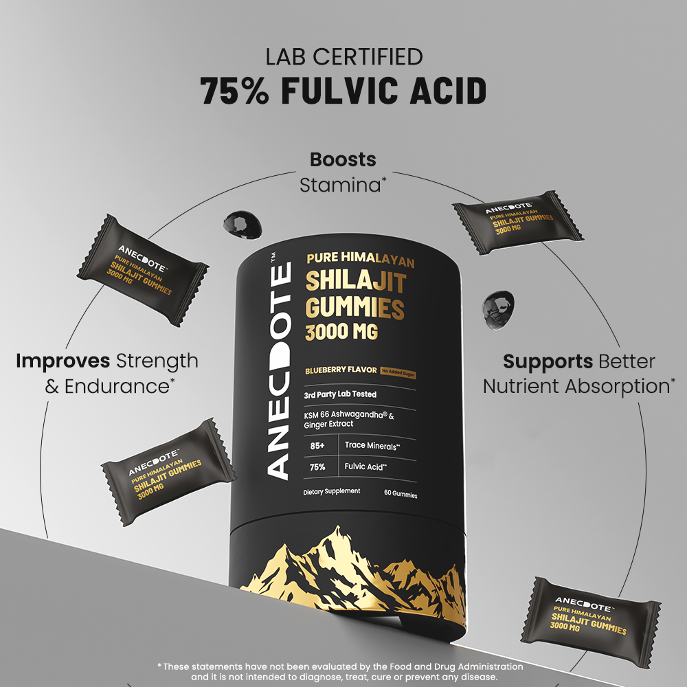 Anecdote Pure Himalayan Shilajit Gummies 3000mg | Boosts Energy & Stamina* | Supports Muscle Strength & Recovery* | Enhances Nutrient Absorption* | 75% Fulvic Acid, 85+ Trace Minerals* | Pack of 60